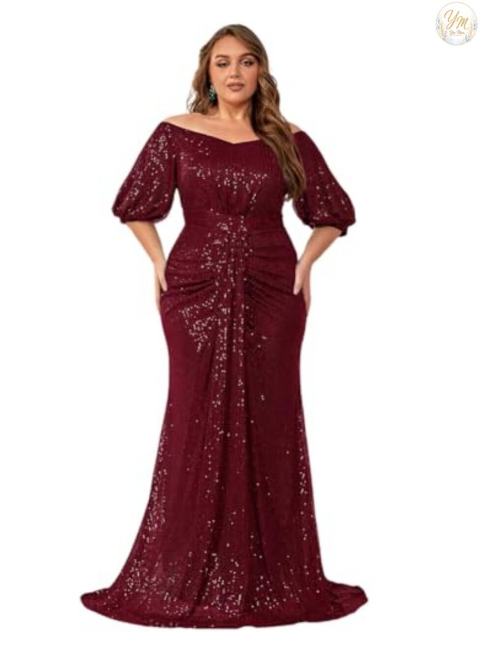 Plus Size Off Shoulder Sequin Puff Sleeve Formal Maxi Dress Evening Gown